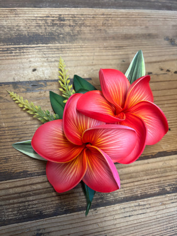 Red Double Plumeria Hair Clip with Greens