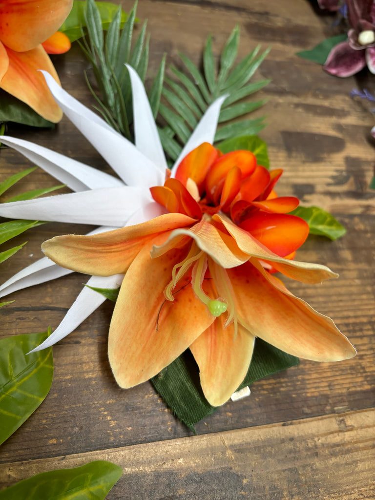Orange and White Calla Lily Hair Clip Flower and Palm Leaves  display picture 3