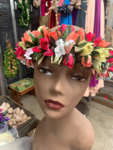 Tiny Rose Lei Upo’o- Orange/Fuschia