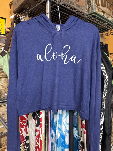 CLEARANCE- Ladies Crop Hoodie- Cursive Aloha- Navy Blue