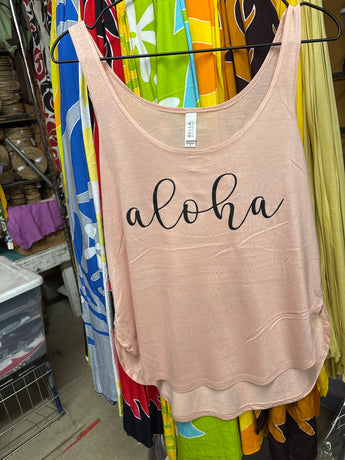 CLEARANCE- Ladies Side Slit Tank- Cursive Aloha- Peach