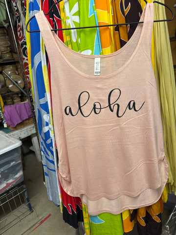 CLEARANCE- Ladies Side Slit Tank- Cursive Aloha- Peach