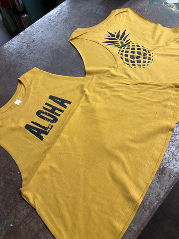 Ladies Crop Racerback Tank Top- "ALOHA" with a pineapple on the back- Mustard