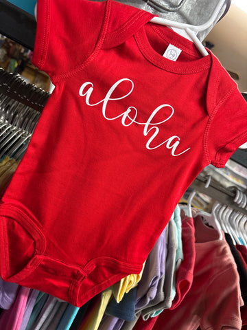 Baby Onesie- "aloha" (cursive)- Red