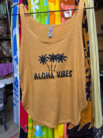 CLEARANCE- Flowy Tank Top- "Aloha Vibes" (Palm)- Mustard Yellow