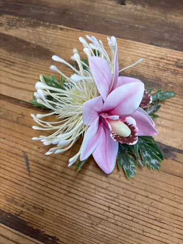White Pincushion Pink Orchid Flower Hair Clip