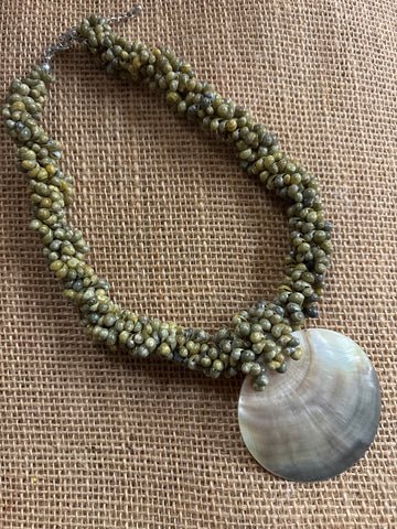Black Lip Mother of Pearl Round Shell with Green Mongo Shell necklace