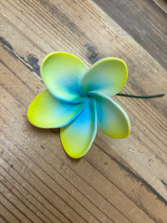 Foam Rounded Petal Plumeria Hair Pick- Blue/Yellow