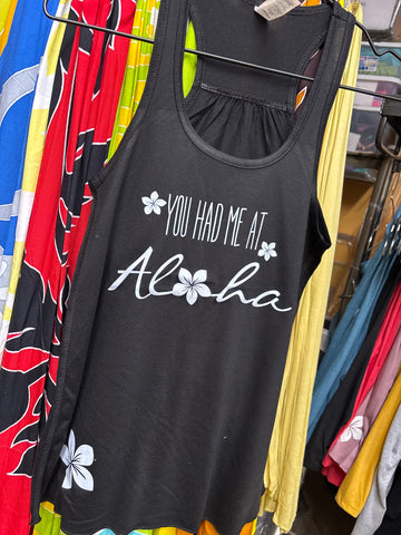 CLEARANCE- Ladies Racerback Tank Top- "You Had Me At Aloha" Black
