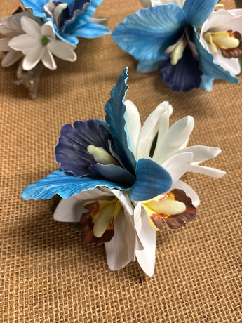 Blue Orchid White Orchid with Tiare Buds Flower Hair Clip