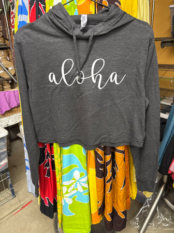 CLEARANCE- Ladies Crop Hoodie- Cursive Aloha- Charcoal