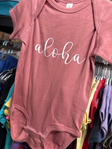 Baby Onesie- "aloha" (cursive)- Mauve