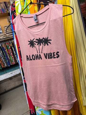 CLEARANCE- Racerback Tank Top- "Aloha Vibes" (Palm)- Lt. Coral
