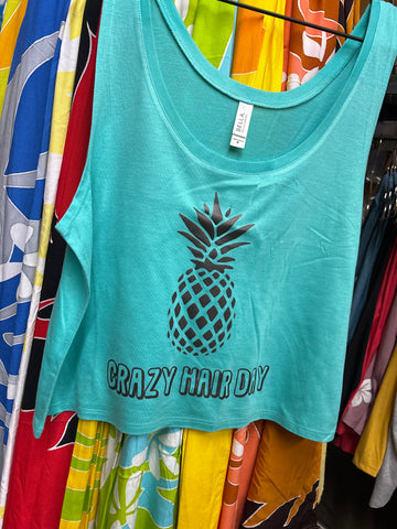 CLEARANCE- Ladies Boxy Tank Top- "Crazy Hair Day" with Pineapple- Teal