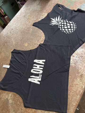 CLEARANCE- Ladies Crop Tank Top- "Aloha” with a pineapple on the back- black