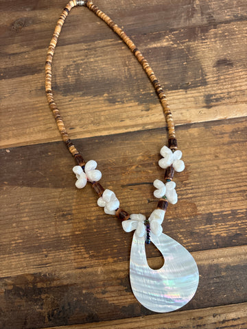 White Teardrop Shell and Coconut Necklace
