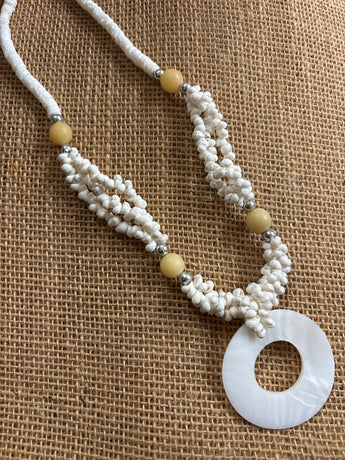 White Mother of Pearl Donut Shell with Mongo Shell cord necklace