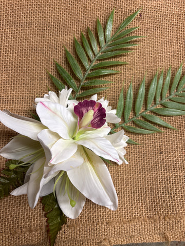 White Calla Lily with white Orchids, Tuberose and Palm Leaves Flower Hair Clip