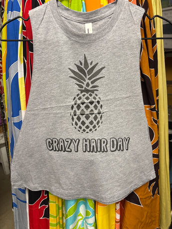 CLEARANCE- Ladies Crop Racerback Tank Top- "Crazy Hair Day" with Pineapple- Gray