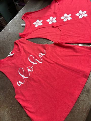 Ladies Racerback Crop Tank Top- Cursive "Aloha” with Plumerias on the back- red