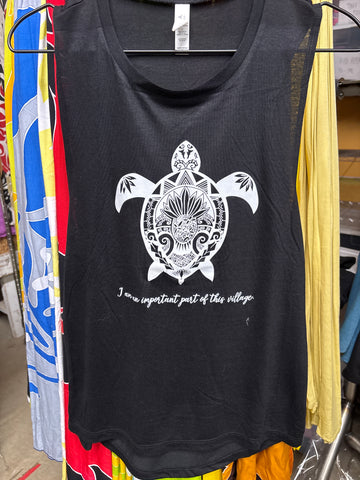 CLEARANCE- Ladies Muscle Tank Top- "I am an important part of this village" Honu Black