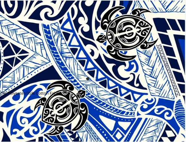 Blue, Black and White Tribal Honu Poly Cotton Fabric