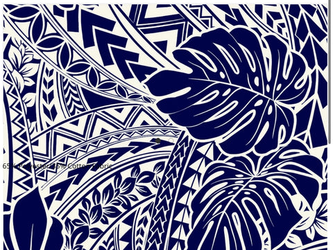 Navy and Cream Tribal Monstera Poly Cotton Fabric