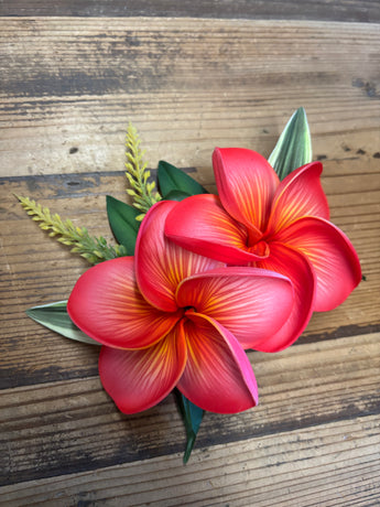 Red Double Plumeria Hair Clip with Greens