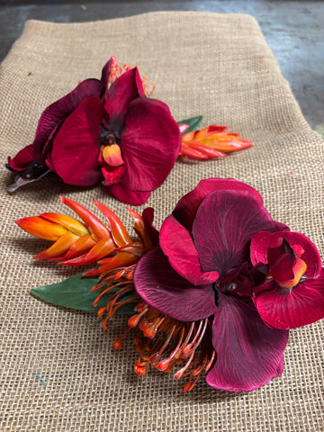 Maroon Orchid with Orange Ginger Flower Hair Clip
