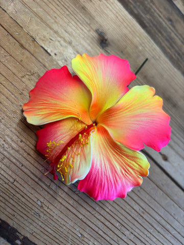 Foam Hibiscus 4” Hair Pick- Fuchsia/Yellow