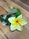 Green Croton Leaves with Yellow Plumeria and Eucalyptus Leaves Hair Clip