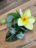 Green Croton Leaves with Yellow Plumeria and Eucalyptus Leaves Hair Clip
