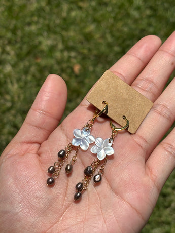 Sunny’s Beach Treasures- White Plumeria Chocolate Pearl Dangle Earrings