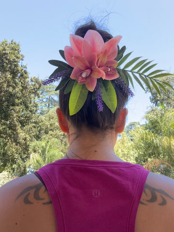 Pink Orchid with Palm and Croton Leaves Hair Clip Flower
