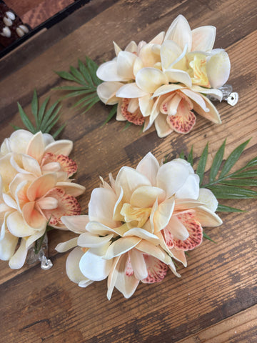 Cream Orchid Palm Leaf Flower Hair Clip