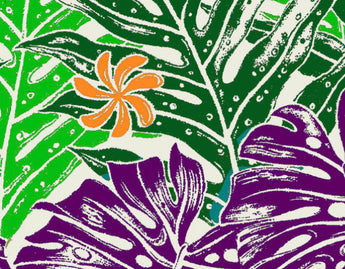 Green Purple with Leaves and Orange Tiare Poly Cotton Fabric