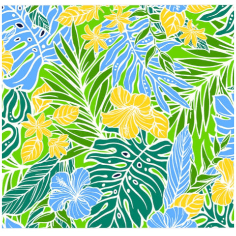 Blue with Yellow Hibiscus Tropical Leaves Poly Cotton Fabric
