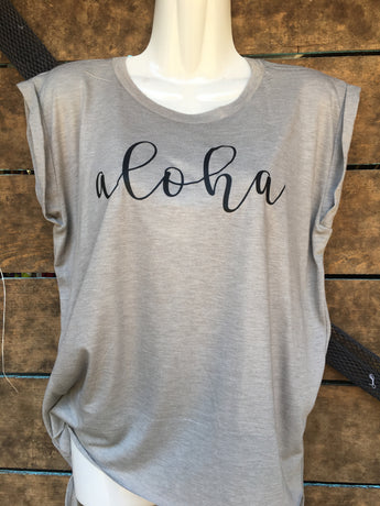 CLEARANCE- Ladies Rolled-sleeve Muscle Tank Top- Cursive "Aloha”- Tan