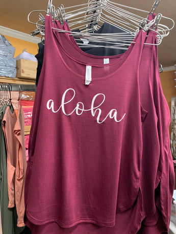 CLEARANCE- Ladies Side Slit Tank- Cursive Aloha- Maroon