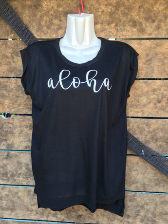 CLEARANCE- Ladies Rolled-sleeve Muscle Tank Top- Cursive "Aloha”- Black