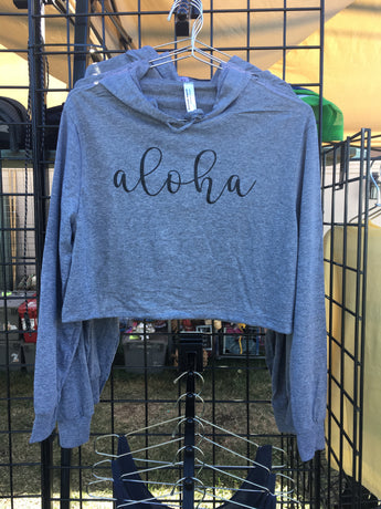 CLEARANCE- Ladies Crop Hoodie- Cursive Aloha- Gray