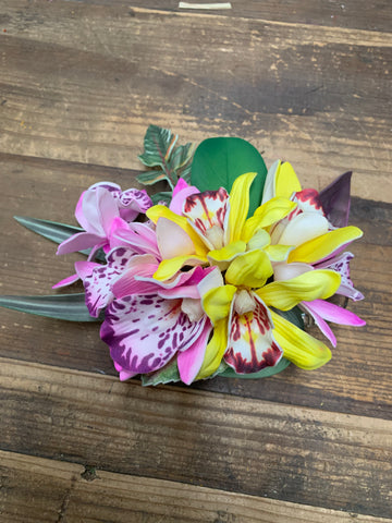 Pink and Yellow Orchids with Leaves Big Hair Clip