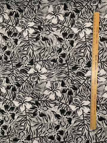 Black and White Hibiscus Poly Cotton Fabric