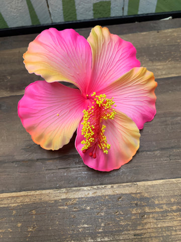 Foam Hibiscus 4.5” Hair Pick- Pink/Yellow
