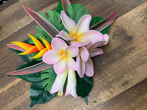 Pink Plumerias with Monstera Leaves Hair Clip